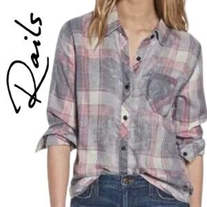 NWT, Rails, Hunter, Plaid Button-down Long Sleeve Shirt, Storm Pink,‎ Gray, Pink